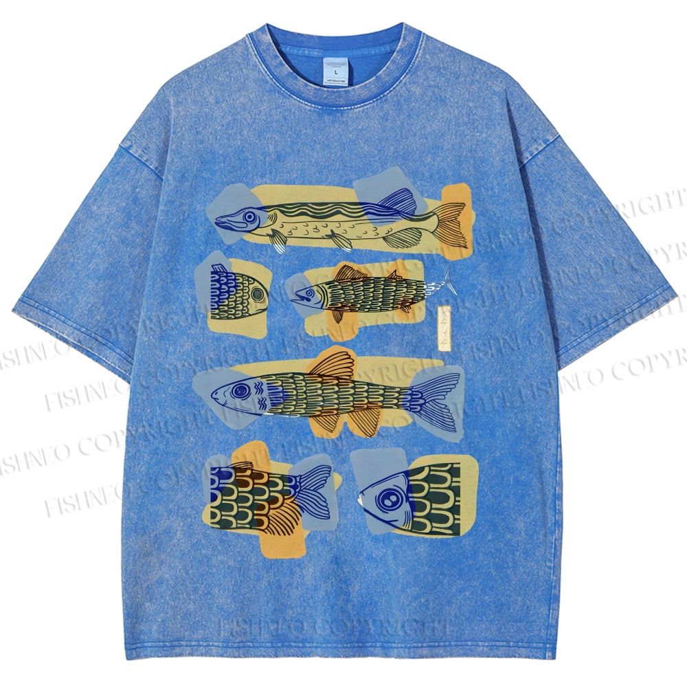 Unisex Viintage Fish Printed Washed Tee