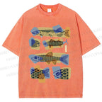 Unisex Viintage Fish Printed Washed Tee
