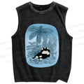 Unisex Lazy Cat Chill in Blue Beach Printed Washed Tank Top