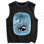 Unisex Lazy Cat Chill in Blue Beach Printed Washed Tank Top