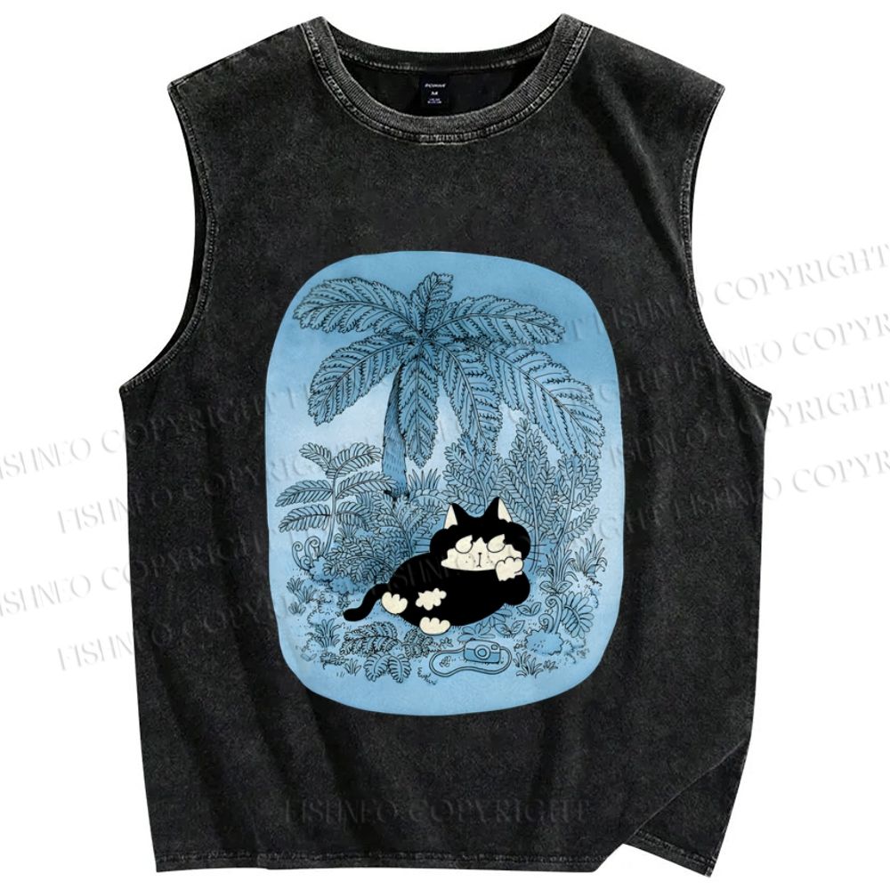 Unisex Lazy Cat Chill in Blue Beach Printed Washed Tank Top