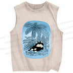 Unisex Lazy Cat Chill in Blue Beach Printed Washed Tank Top