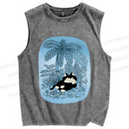 Unisex Lazy Cat Chill in Blue Beach Printed Washed Tank Top
