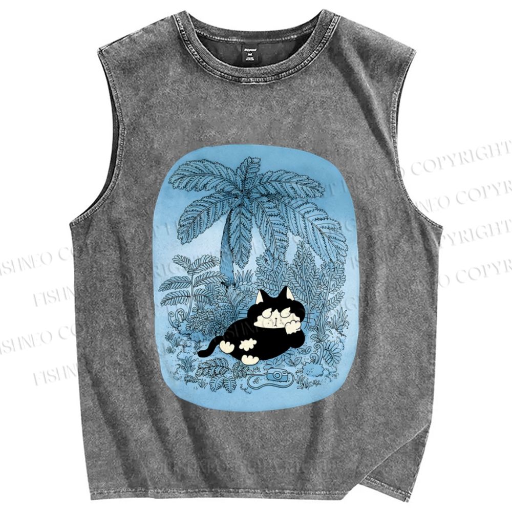 Unisex Lazy Cat Chill in Blue Beach Printed Washed Tank Top