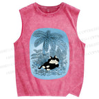 Unisex Lazy Cat Chill in Blue Beach Printed Washed Tank Top