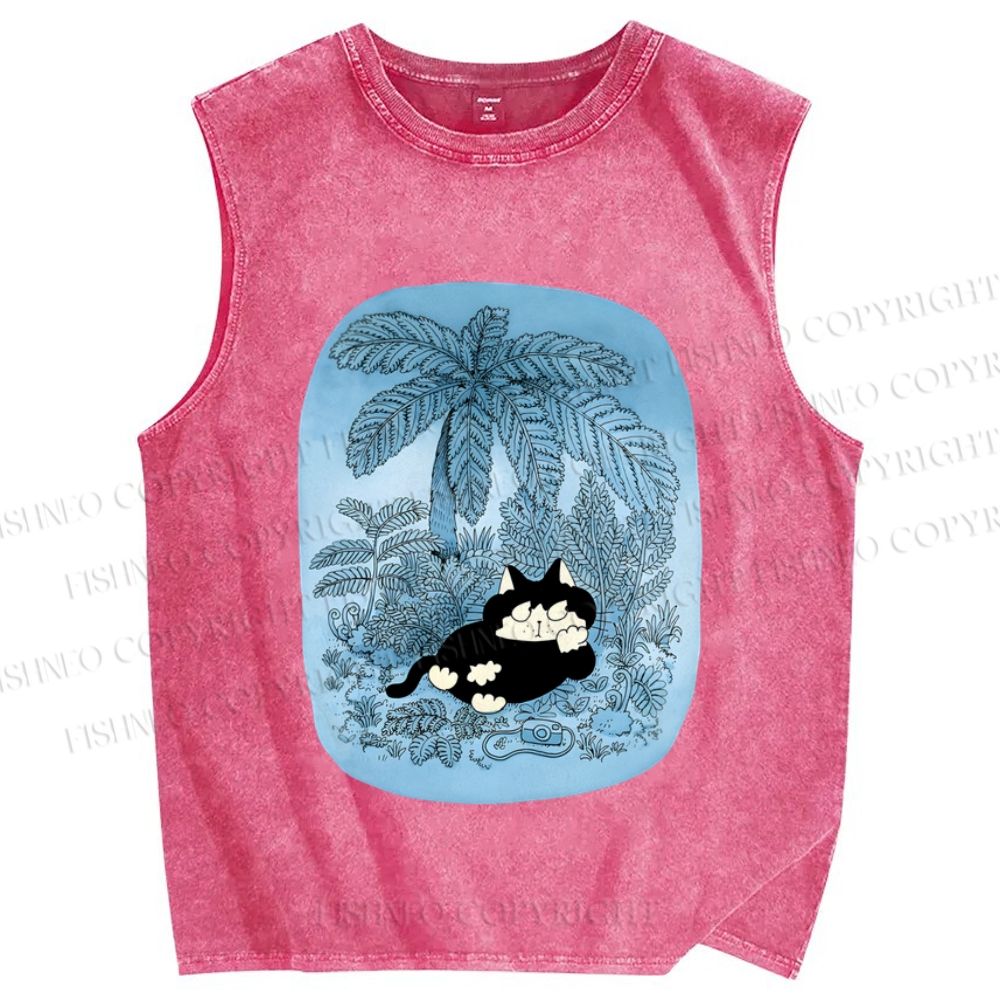 Unisex Lazy Cat Chill in Blue Beach Printed Washed Tank Top