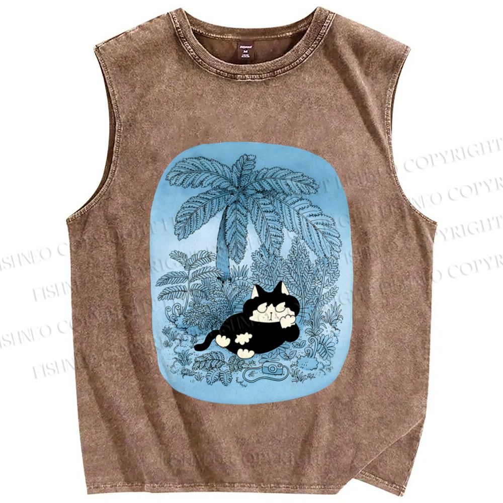 Unisex Lazy Cat Chill in Blue Beach Printed Washed Tank Top