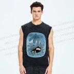 Unisex Lazy Cat Chill in Blue Beach Printed Washed Tank Top