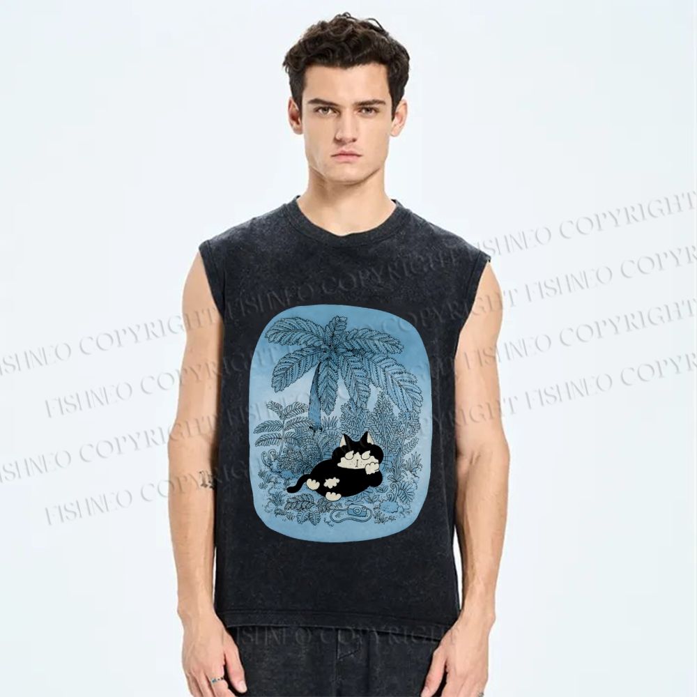 Unisex Lazy Cat Chill in Blue Beach Printed Washed Tank Top