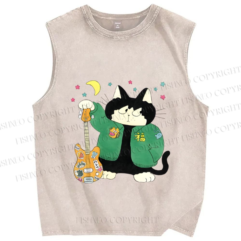 Unisex Cool Cat Plays Guitar in Band Printed Washed Tank Top