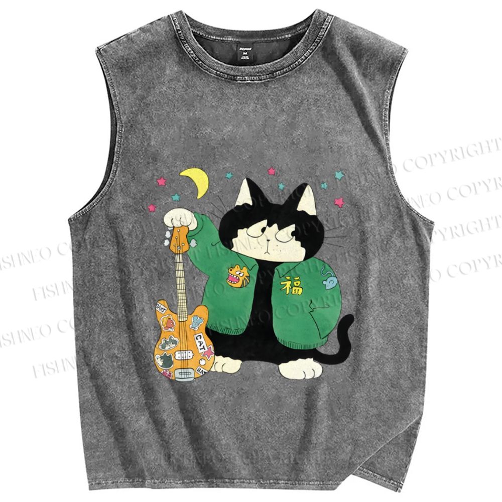 Unisex Cool Cat Plays Guitar in Band Printed Washed Tank Top