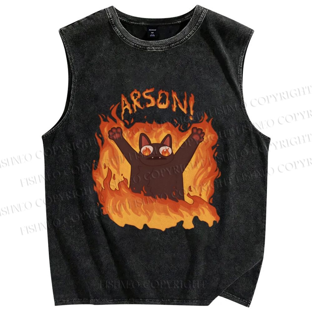 Unisex Arson Cat Printed Washed Tank Top