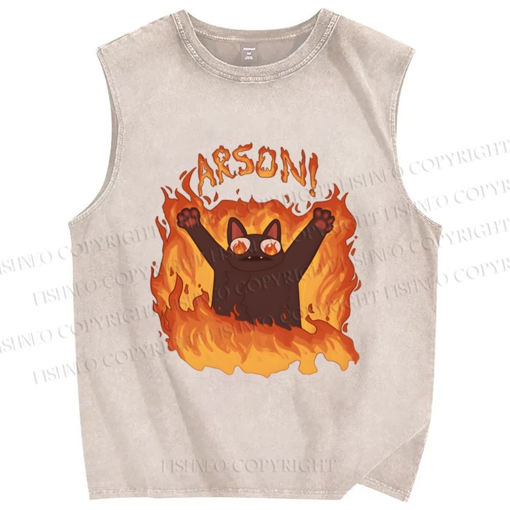 Unisex Arson Cat Printed Washed Tank Top