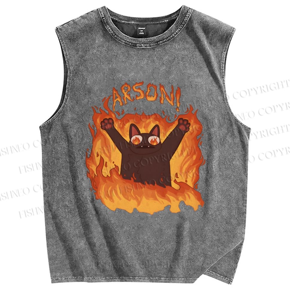 Unisex Arson Cat Printed Washed Tank Top