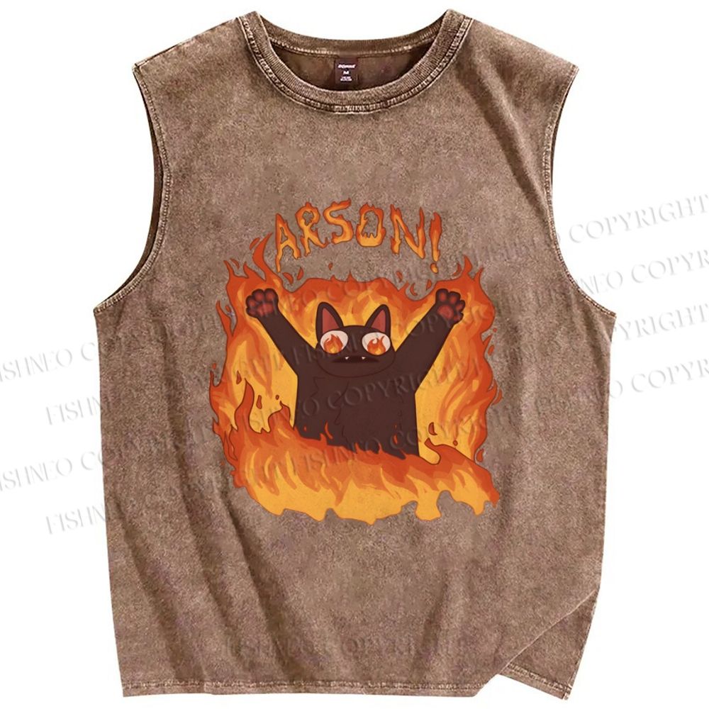 Unisex Arson Cat Printed Washed Tank Top