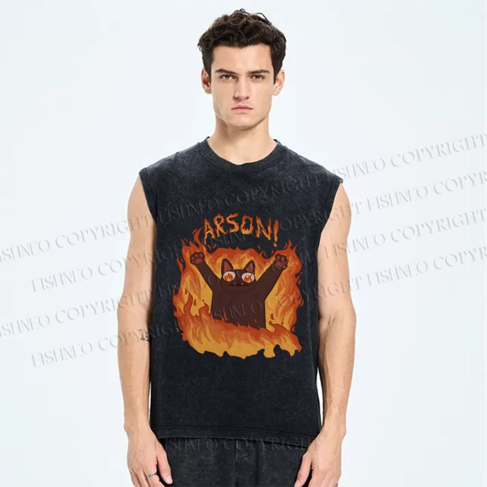 Unisex Arson Cat Printed Washed Tank Top