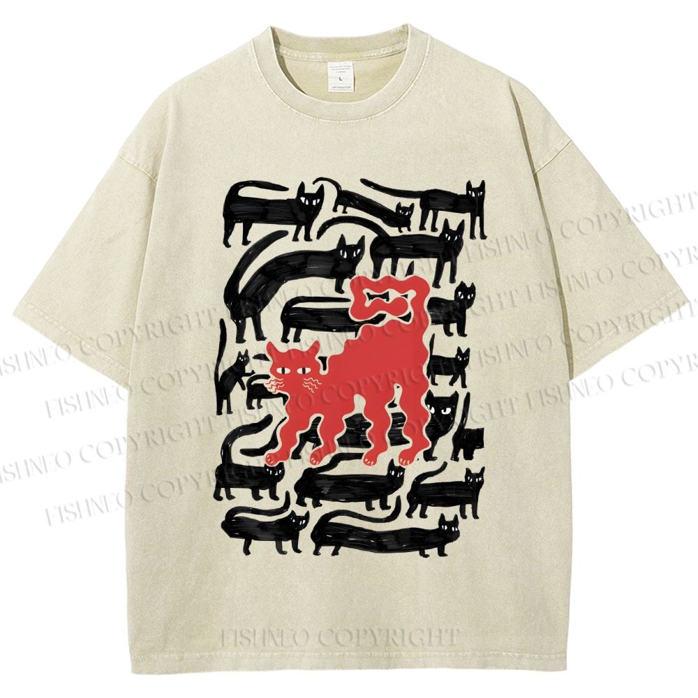 Unisex Artistic Black Cat Printed Washed Tee