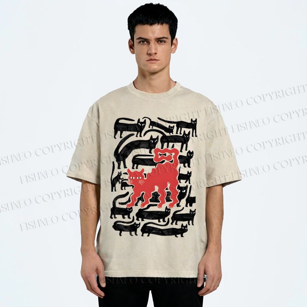 Unisex Artistic Black Cat Printed Washed Tee