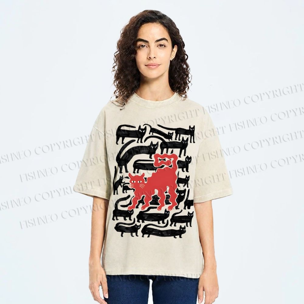 Unisex Artistic Black Cat Printed Washed Tee