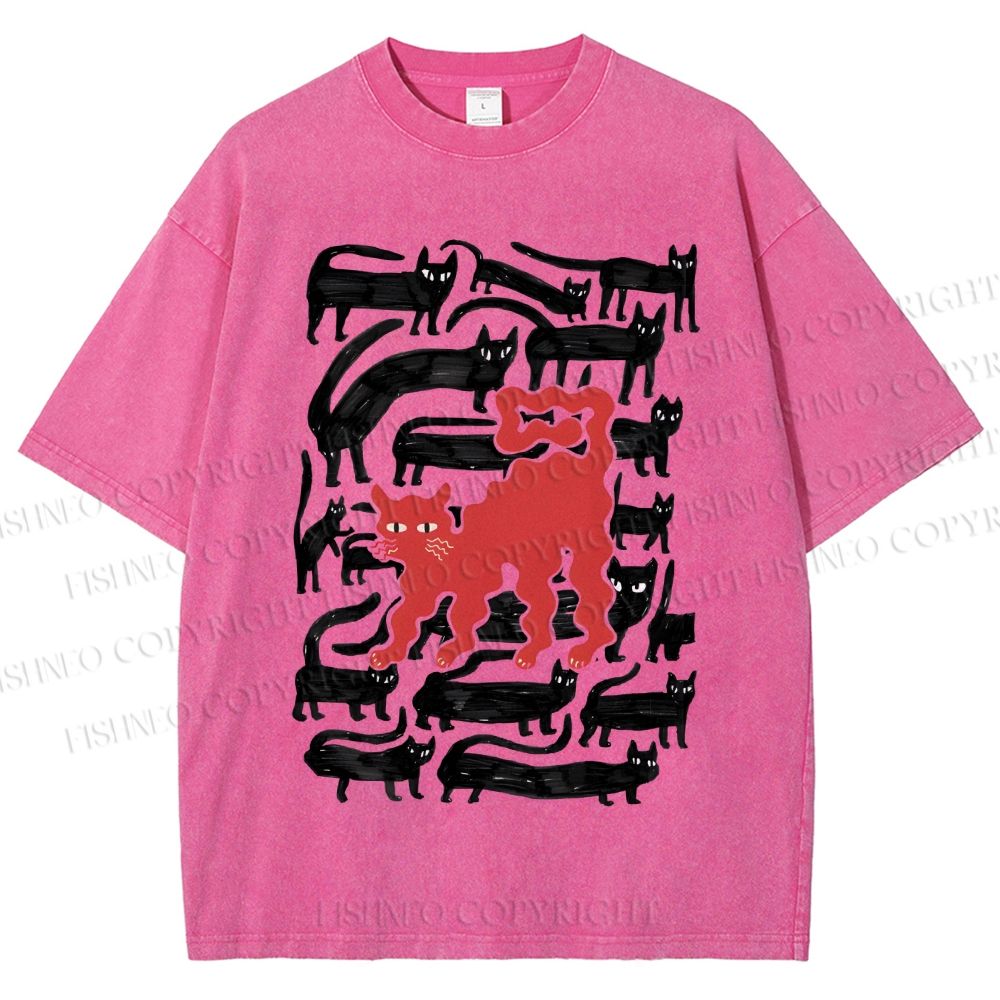 Unisex Artistic Black Cat Printed Washed Tee