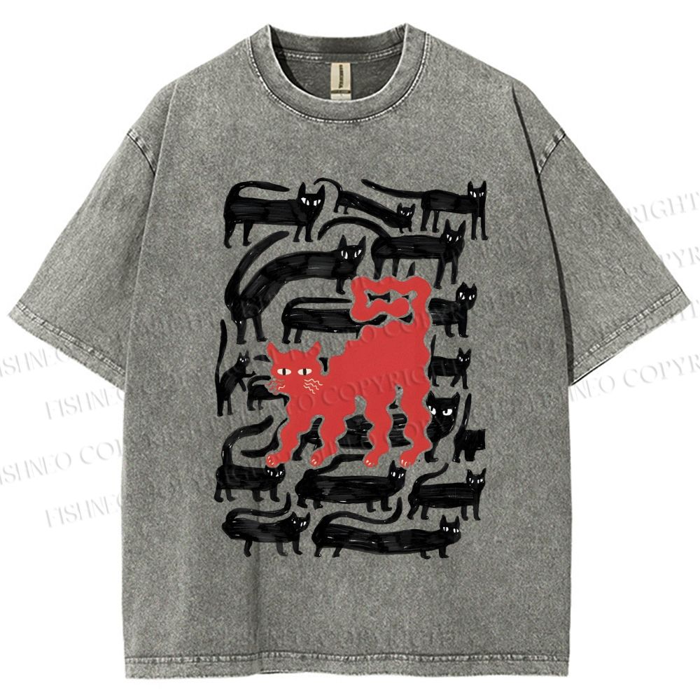 Unisex Artistic Black Cat Printed Washed Tee