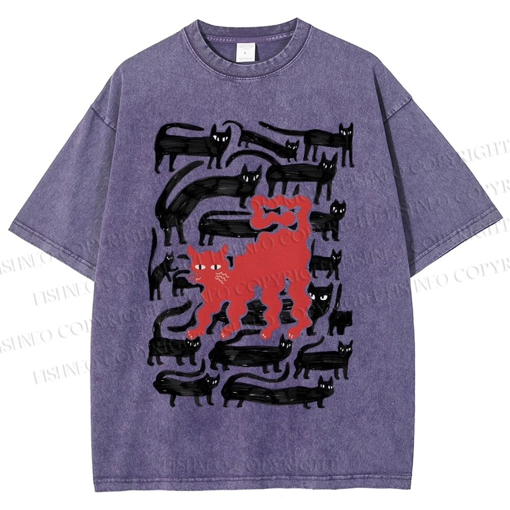 Unisex Artistic Black Cat Printed Washed Tee