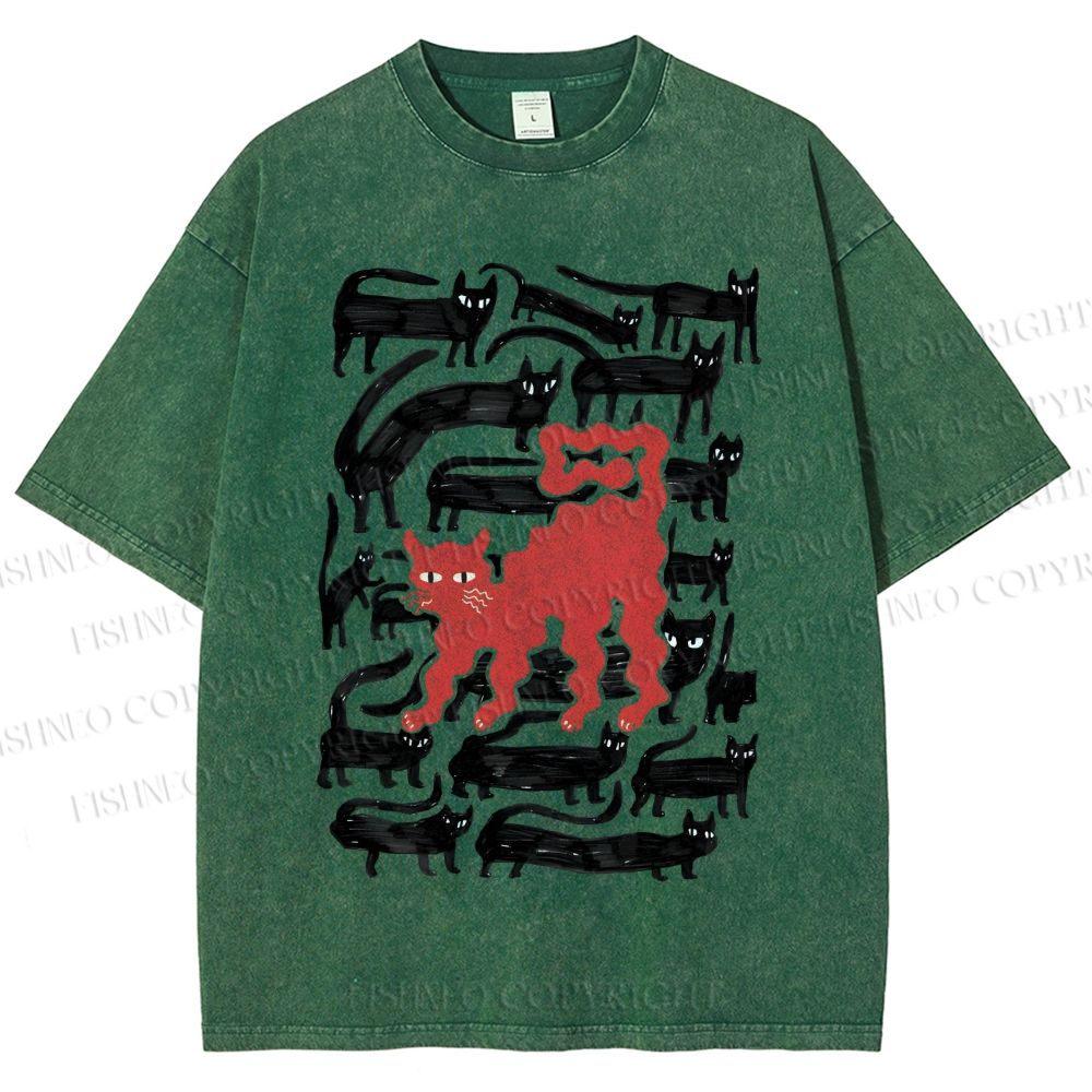 Unisex Artistic Black Cat Printed Washed Tee