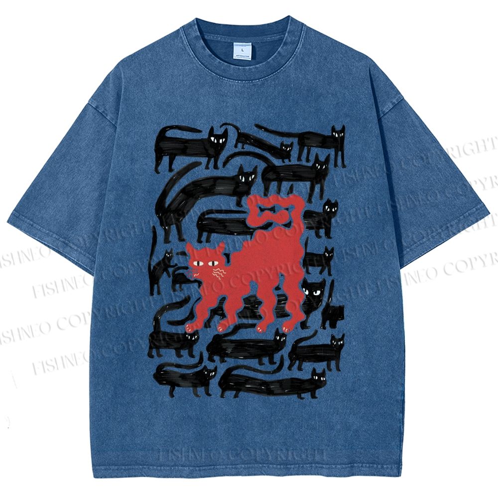 Unisex Artistic Black Cat Printed Washed Tee