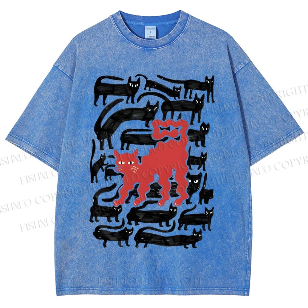 Unisex Artistic Black Cat Printed Washed Tee
