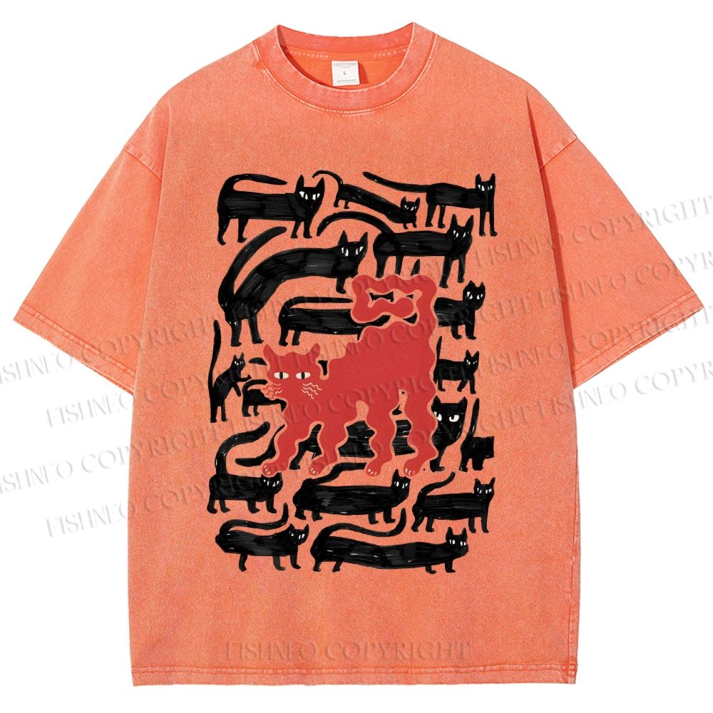 Unisex Artistic Black Cat Printed Washed Tee