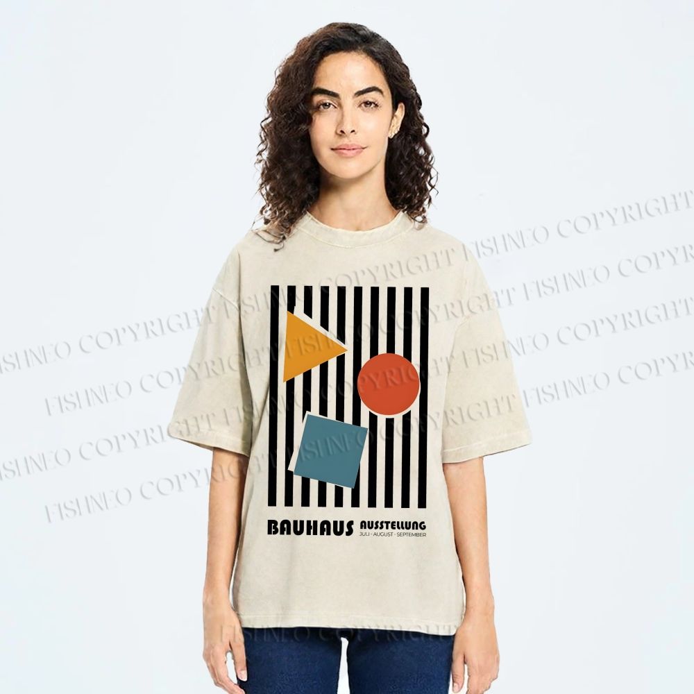 Unisex Bauhaus Geometric Stripes Printed Washed Tee