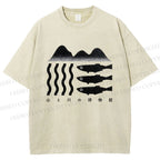 Unisex Geometric Landscape Fish Printed Washed Tee