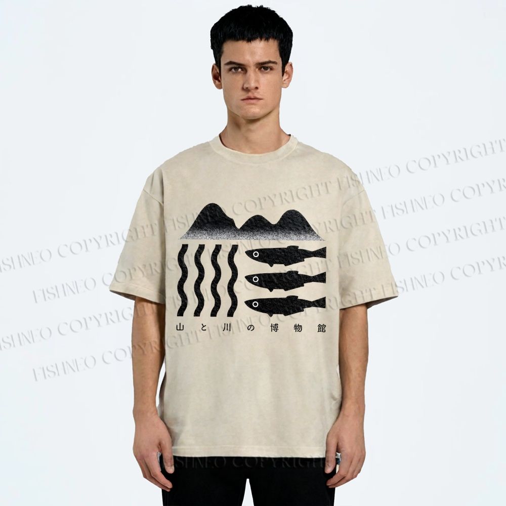 Unisex Geometric Landscape Fish Printed Washed Tee