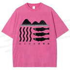 Unisex Geometric Landscape Fish Printed Washed Tee