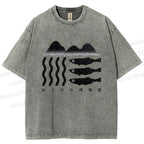Unisex Geometric Landscape Fish Printed Washed Tee