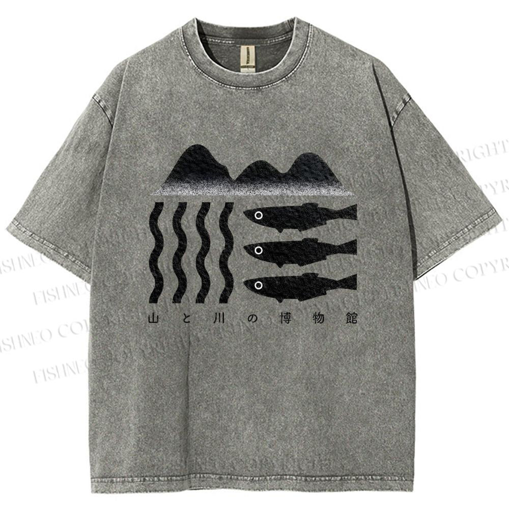 Unisex Geometric Landscape Fish Printed Washed Tee
