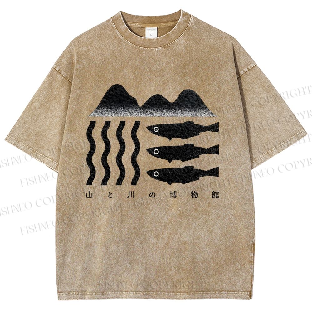 Unisex Geometric Landscape Fish Printed Washed Tee