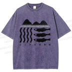 Unisex Geometric Landscape Fish Printed Washed Tee