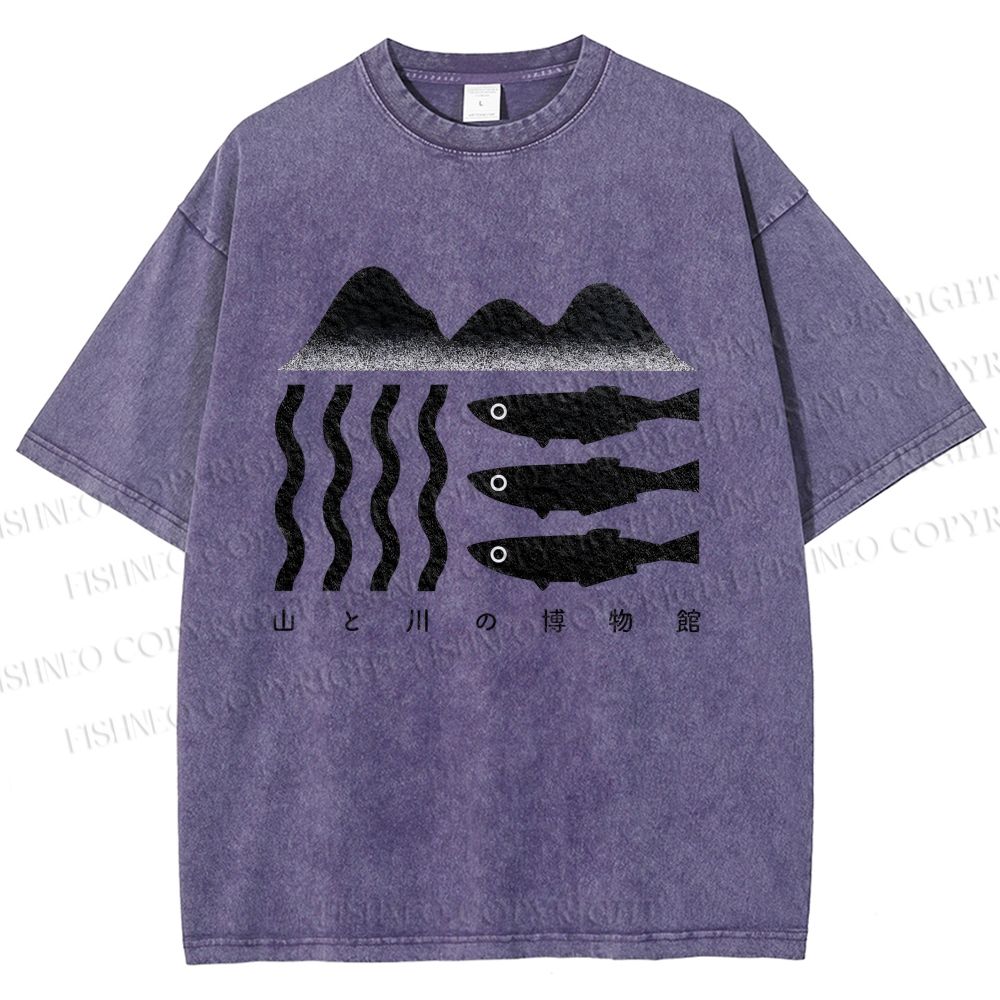 Unisex Geometric Landscape Fish Printed Washed Tee