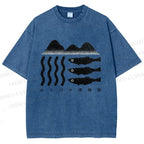 Unisex Geometric Landscape Fish Printed Washed Tee