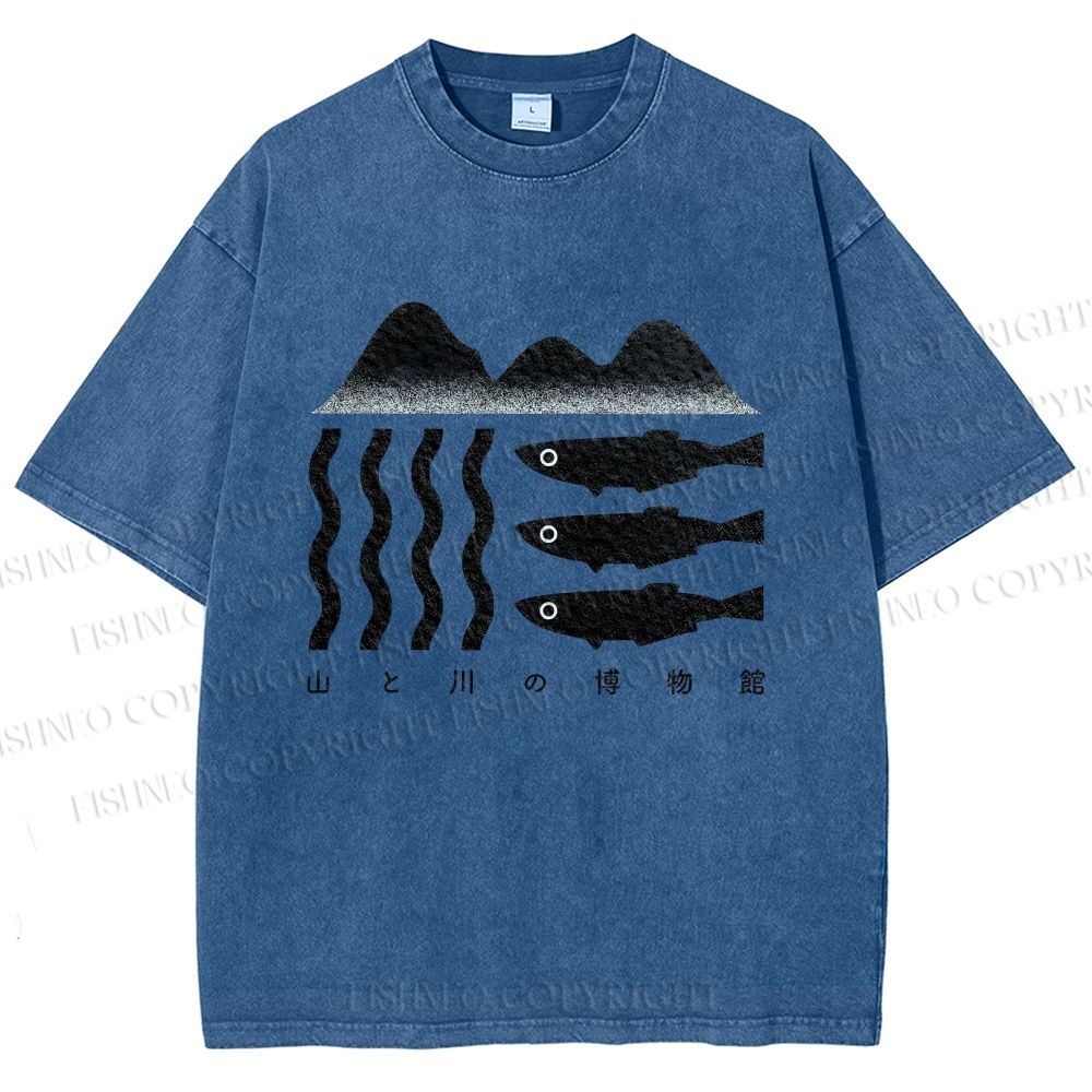 Unisex Geometric Landscape Fish Printed Washed Tee