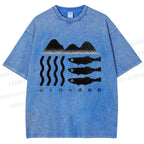 Unisex Geometric Landscape Fish Printed Washed Tee
