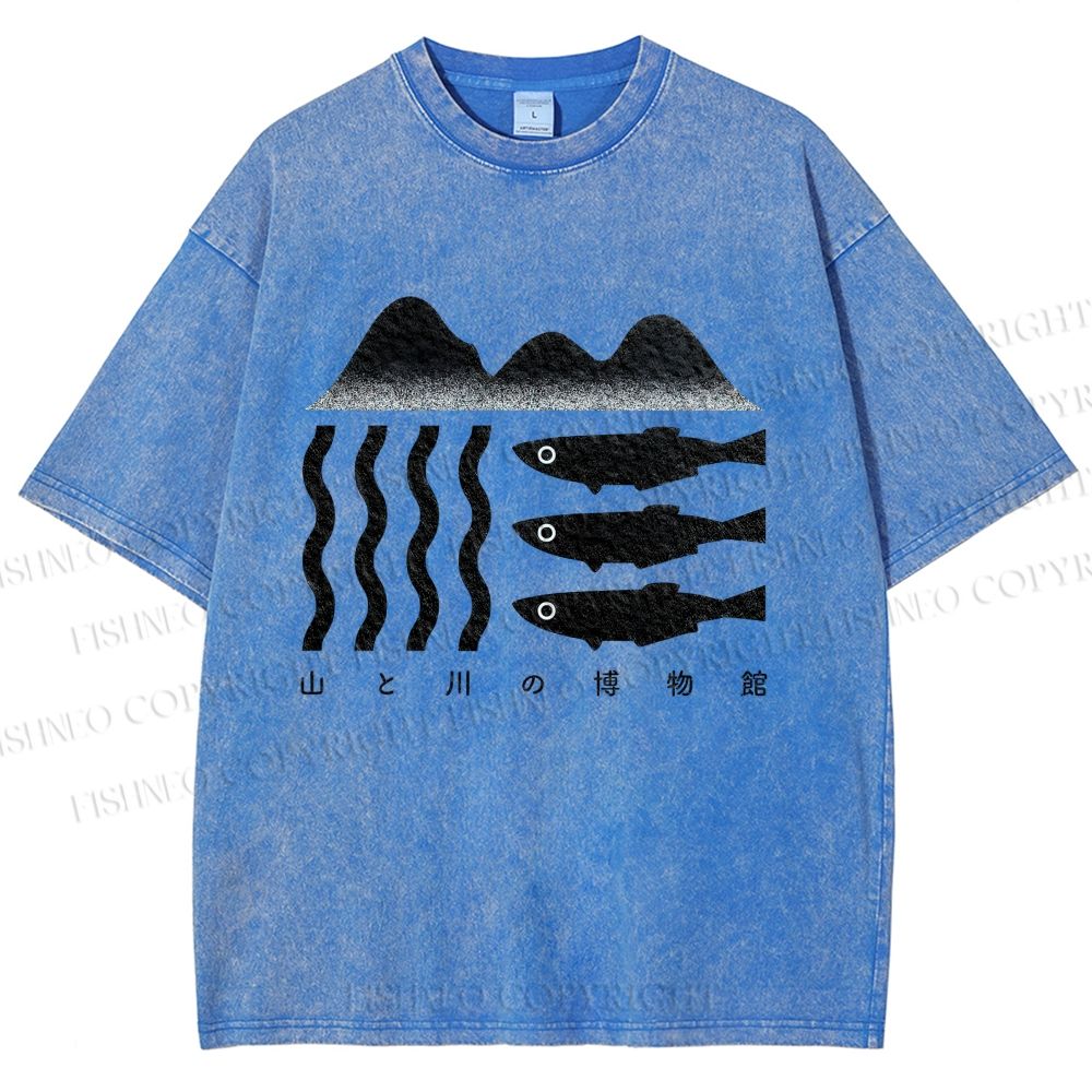 Unisex Geometric Landscape Fish Printed Washed Tee
