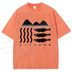 Unisex Geometric Landscape Fish Printed Washed Tee