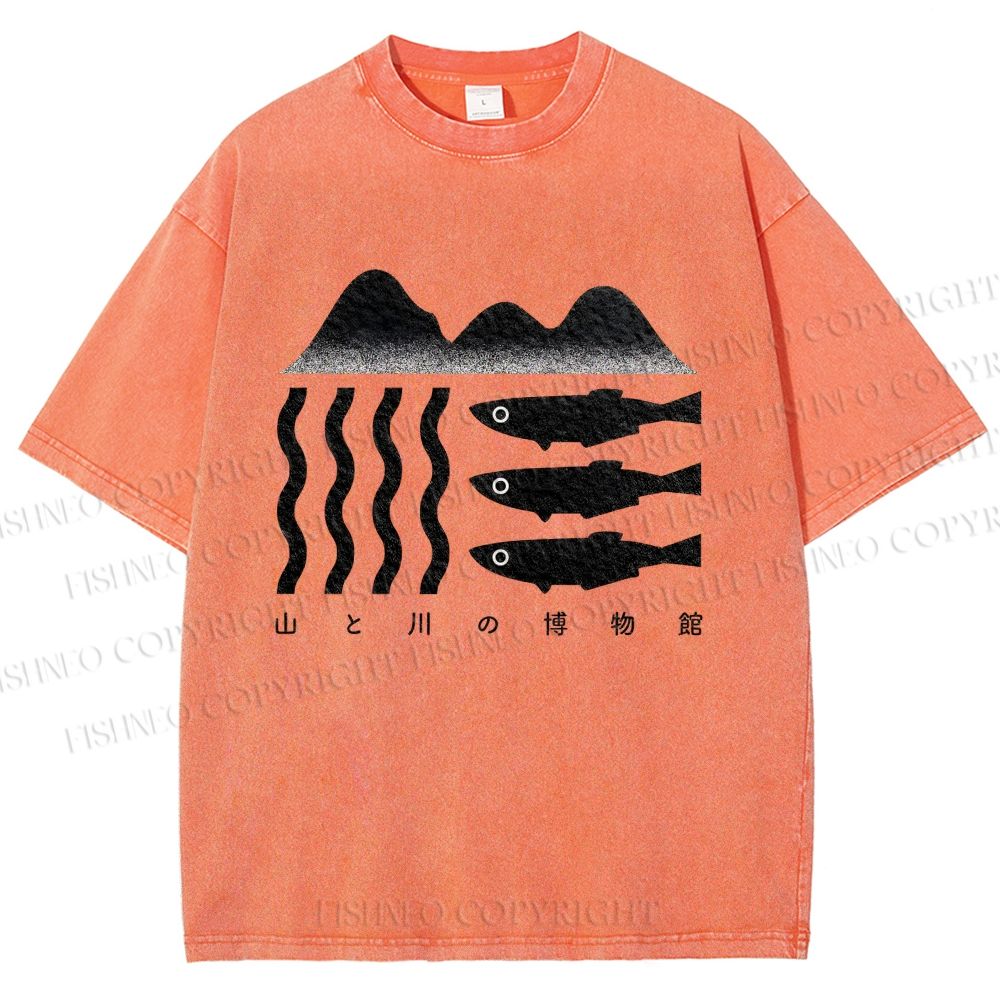 Unisex Geometric Landscape Fish Printed Washed Tee
