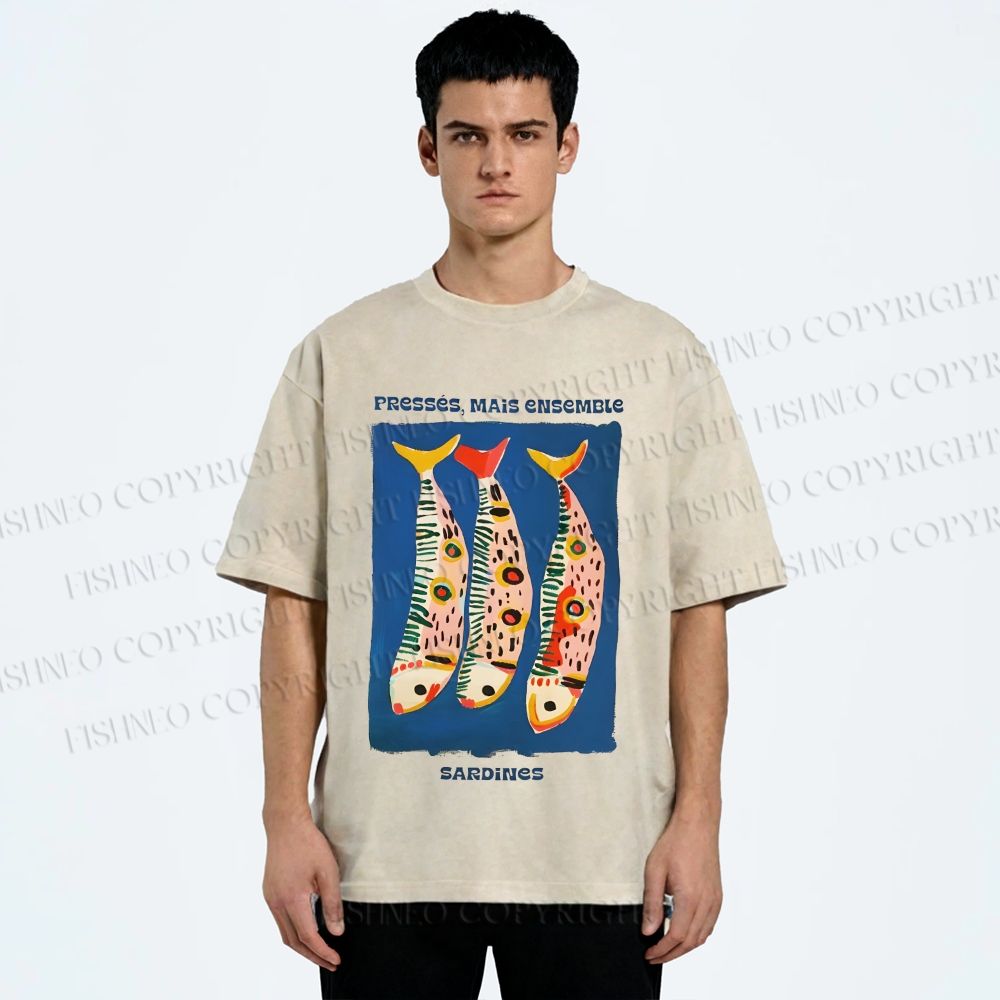 Unisex Colorful Cartoon Sardines Printed Washed Tee