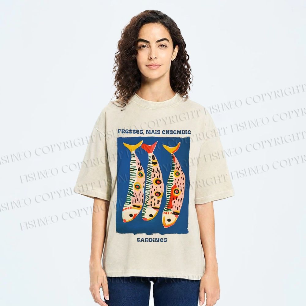 Unisex Colorful Cartoon Sardines Printed Washed Tee