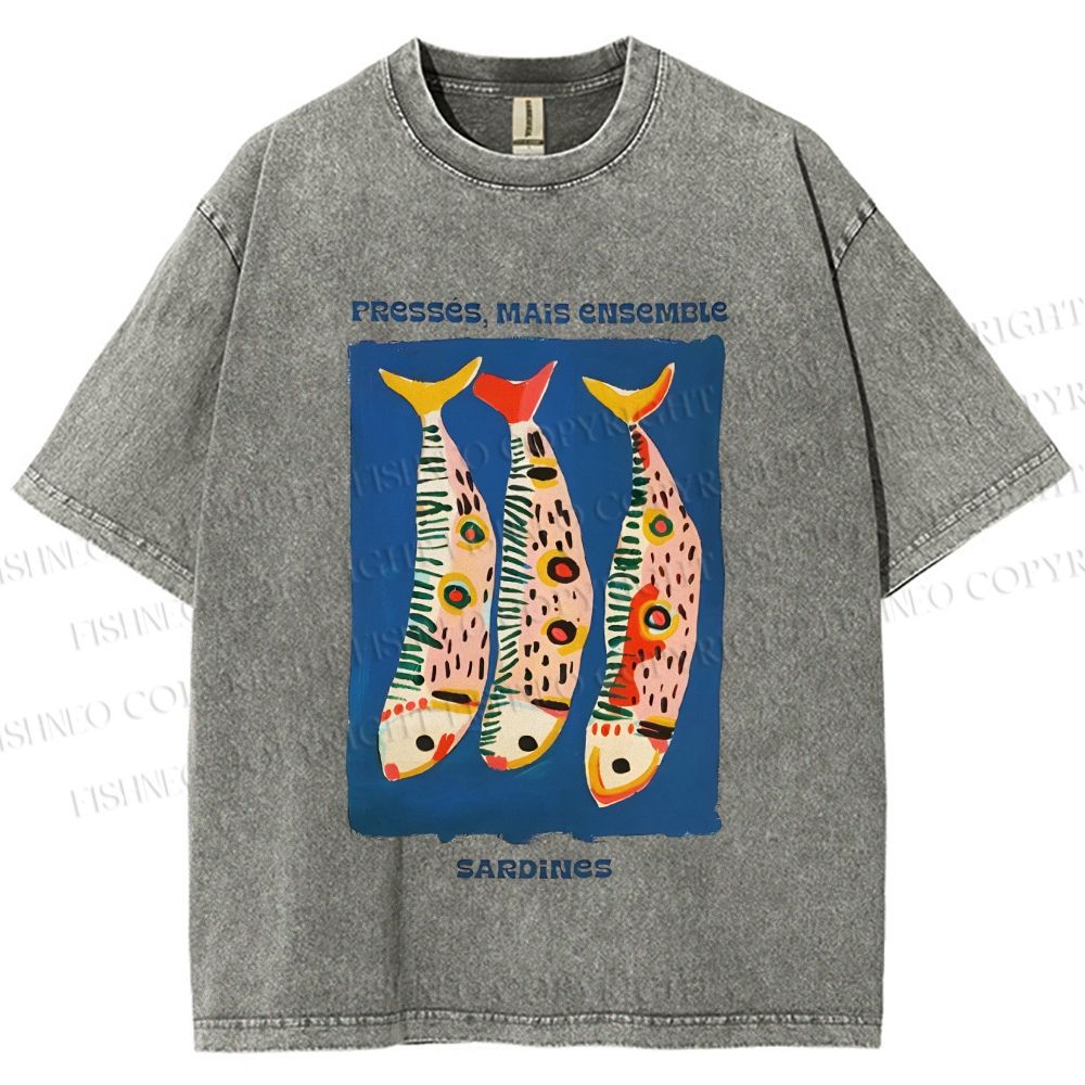 Unisex Colorful Cartoon Sardines Printed Washed Tee