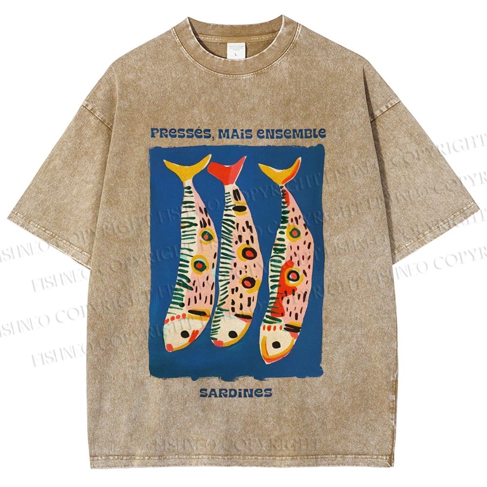 Unisex Colorful Cartoon Sardines Printed Washed Tee