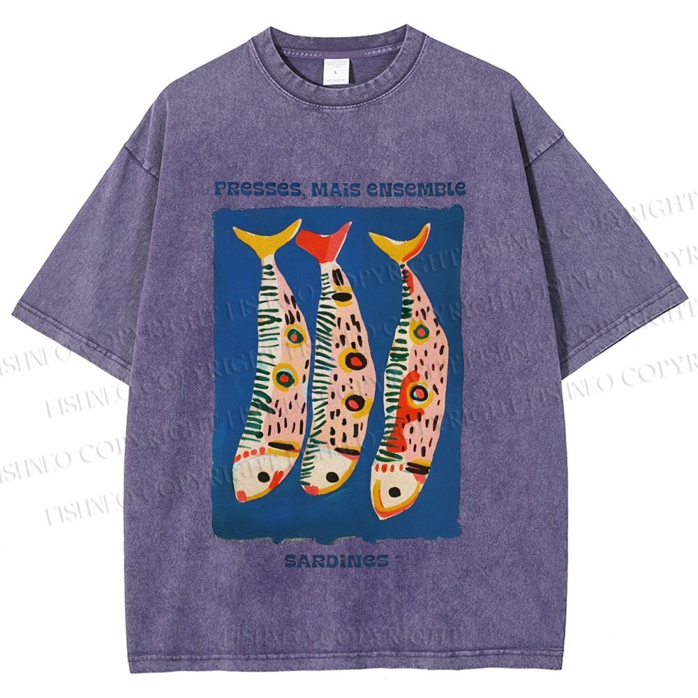 Unisex Colorful Cartoon Sardines Printed Washed Tee
